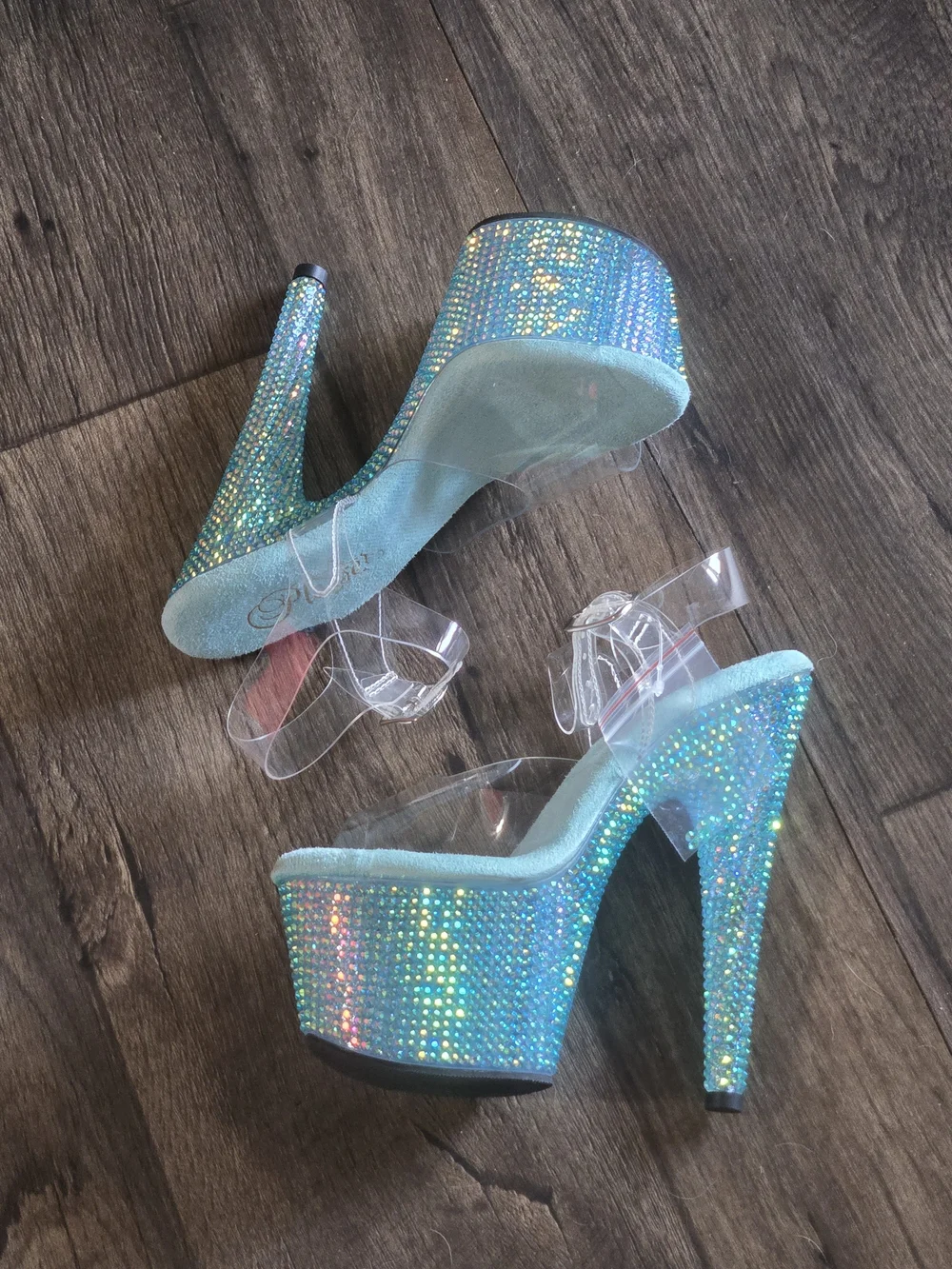 Pleaser Iridescent Aqua Crystal Platform Heels with Clear Straps